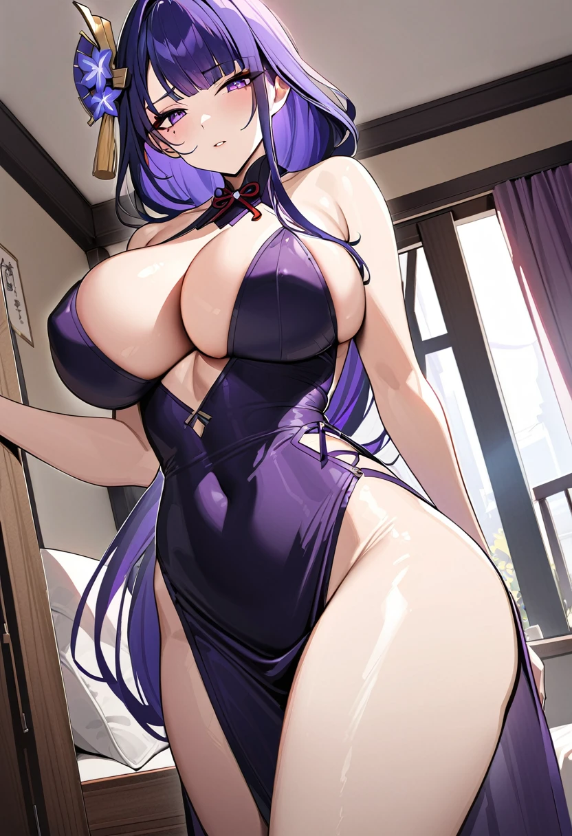 Raiden Shogun, purple hair, hair ornament, wide hips, sexy, big breasts, bedroom, masterpiece, high quality, highres, cheongsam, tight dress