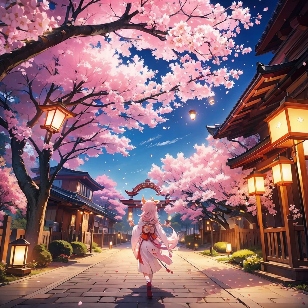 lanterns flying off into the sky, cherry blossom trees, kitsune people, happy, cheerful, more lanterns in sky