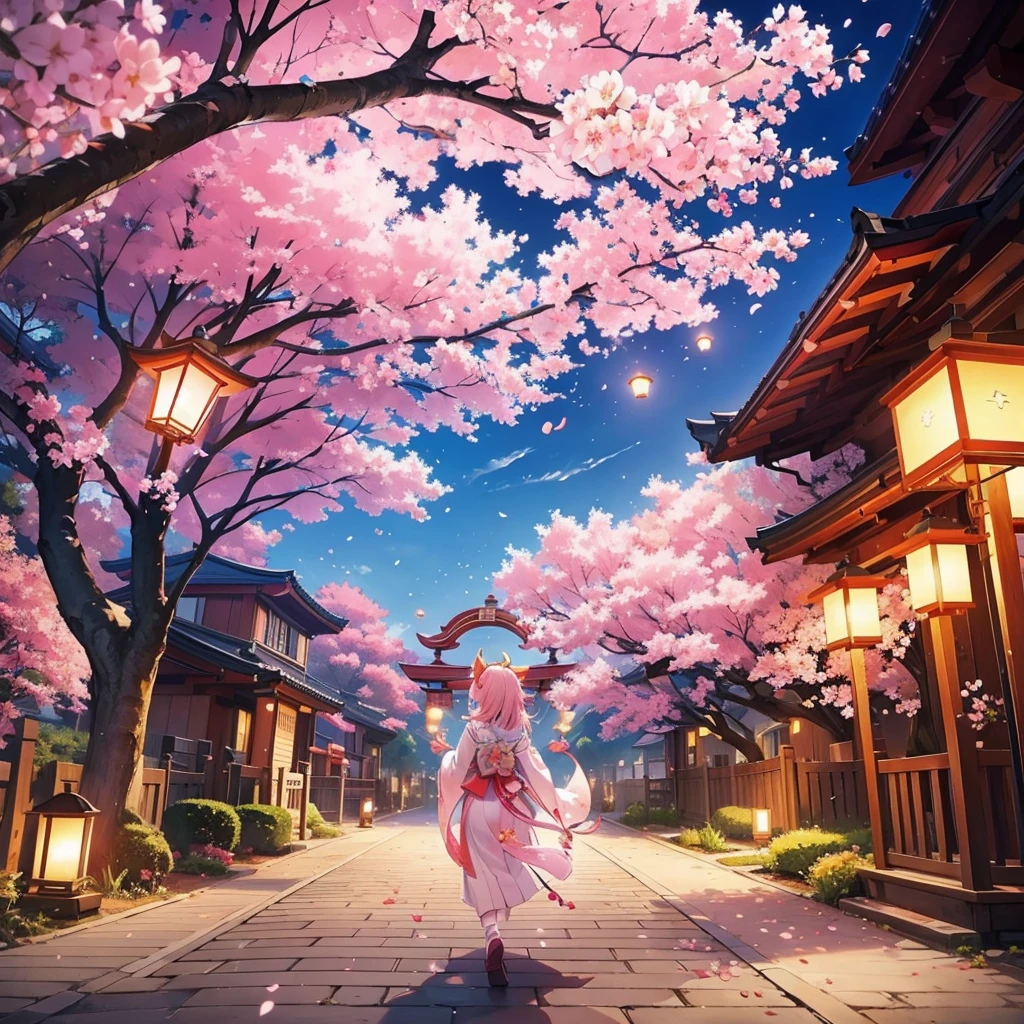 lanterns flying off into the sky, cherry blossom trees, kitsune people, happy, cheerful, more lanterns in sky