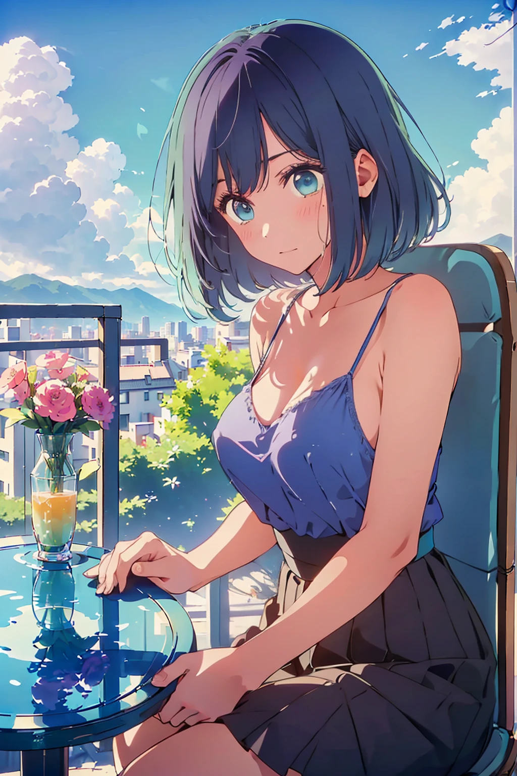 (Highest quality:1.4、masterpiece:1.4、Super detailed:1.4、Ultra-high resolution:1.4、8K:1.4)、F cup bust、Big Breasts、Slim body、((((1 person、Surprised expression、sit、Chair、In the background are the urban buildings of Tokyo、looking at the camera、Outdoor café terrace、coastal、juice、Shooting up close、table、Very cute face))))、(Pose with hands tucked behind ears:1.4、Cheek resting on hand:1.4)、((nude、very beautiful areola、camisole))、Sideboob、Nipples、Very blue sky、A completely cloudless sky