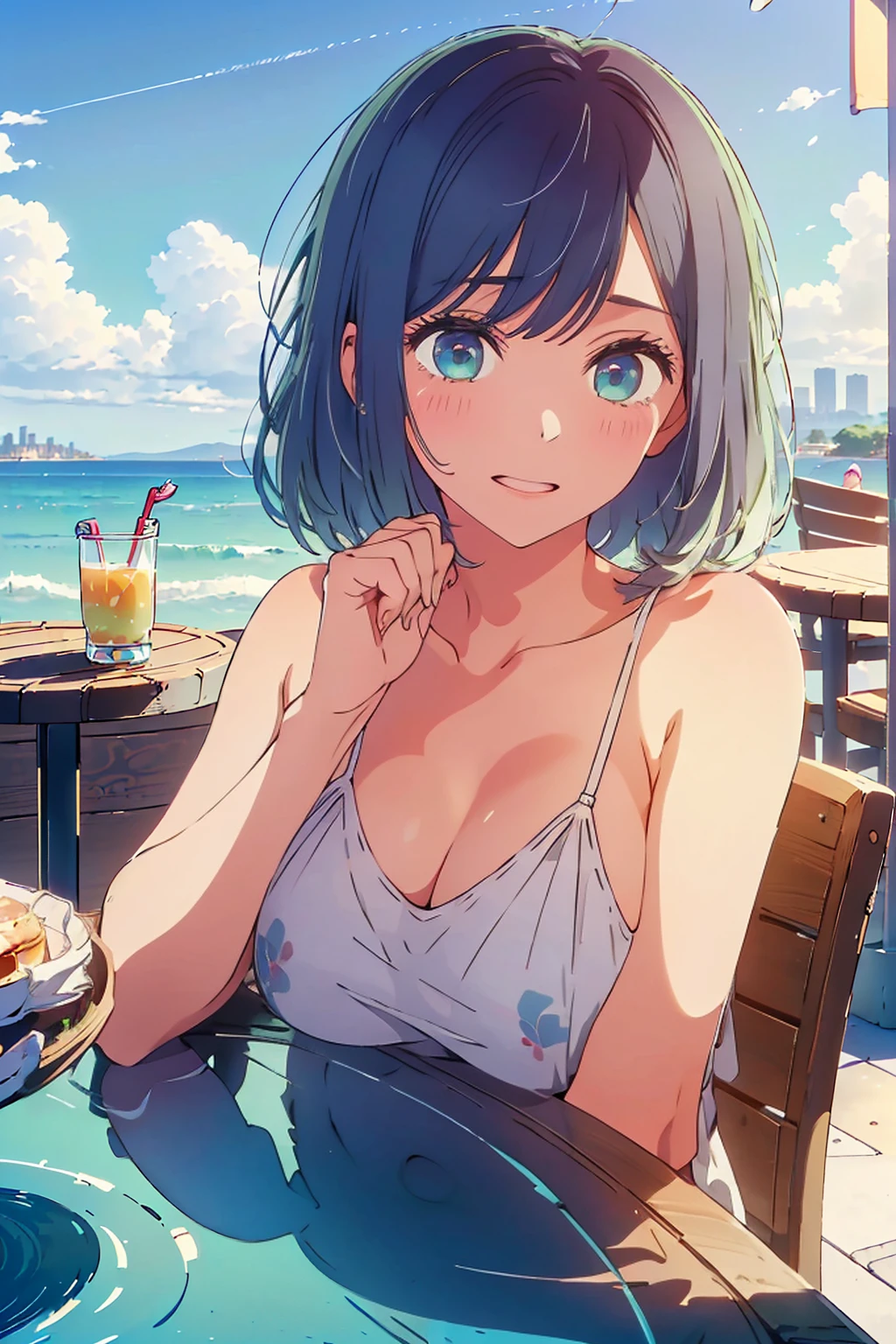 (Highest quality:1.4、masterpiece:1.4、Super detailed:1.4、Ultra-high resolution:1.4、8K:1.4)、F cup bust、Big Breasts、Slim body、((((1 person、Surprised expression、sit、Chair、In the background are the urban buildings of Tokyo、looking at the camera、Outdoor café terrace、coastal、juice、Shooting up close、table、Very cute face))))、(Pose with hands tucked behind ears:1.4、Cheek resting on hand:1.4）、((nude、very beautiful areola、camisole))、Sideboob、Nipples、Very blue sky、A completely cloudless sky