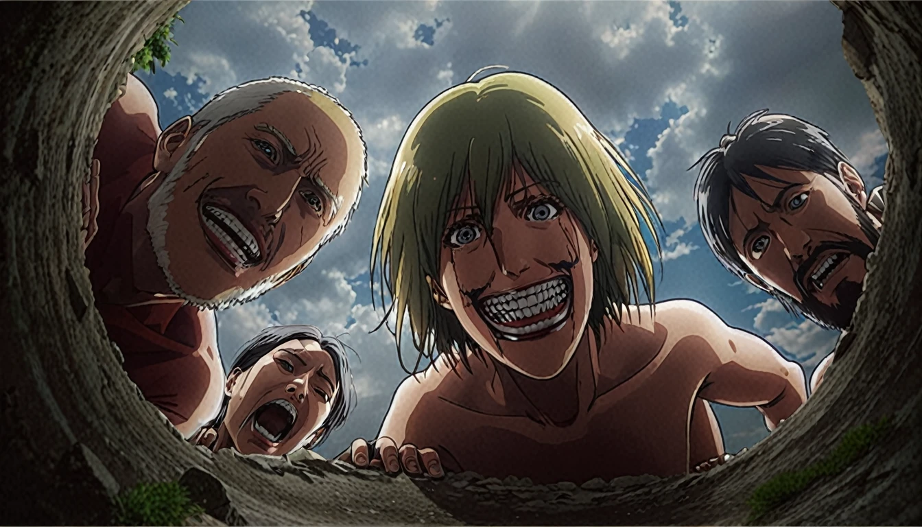 Three people in a hole with the sky in the background, Attack on Titan covert art, photorealistic style, from Attack on Titan, Attack on Titans, Attack on Titan, shingeki no kyojin, , Attack on Titan scenery,Photorealistic (Photorealistic) Lifelike (Vibrant) Realistic (Realistic) True to Life (True to life) vivid (Brilliant) Picture-Perfect (Perfect Image) Naturalistic (Naturalistic) Convincing (Persuasive) Authentic (genuine) High Fidelity (High fidelity) Believable (Believable) True-to-life Details (true to lifeDetails) Tangible (Hands-on) Detailed (Detailed) Resonating (Echoes) precise (precise) Exact (Accurate) Hyperrealistic (Ultra-realistic) In-the-Moment (At that time) Verisimilar (Getting closer to the truth) Mirror-like (Mirror-like) Close-to-reality (Close to reality)