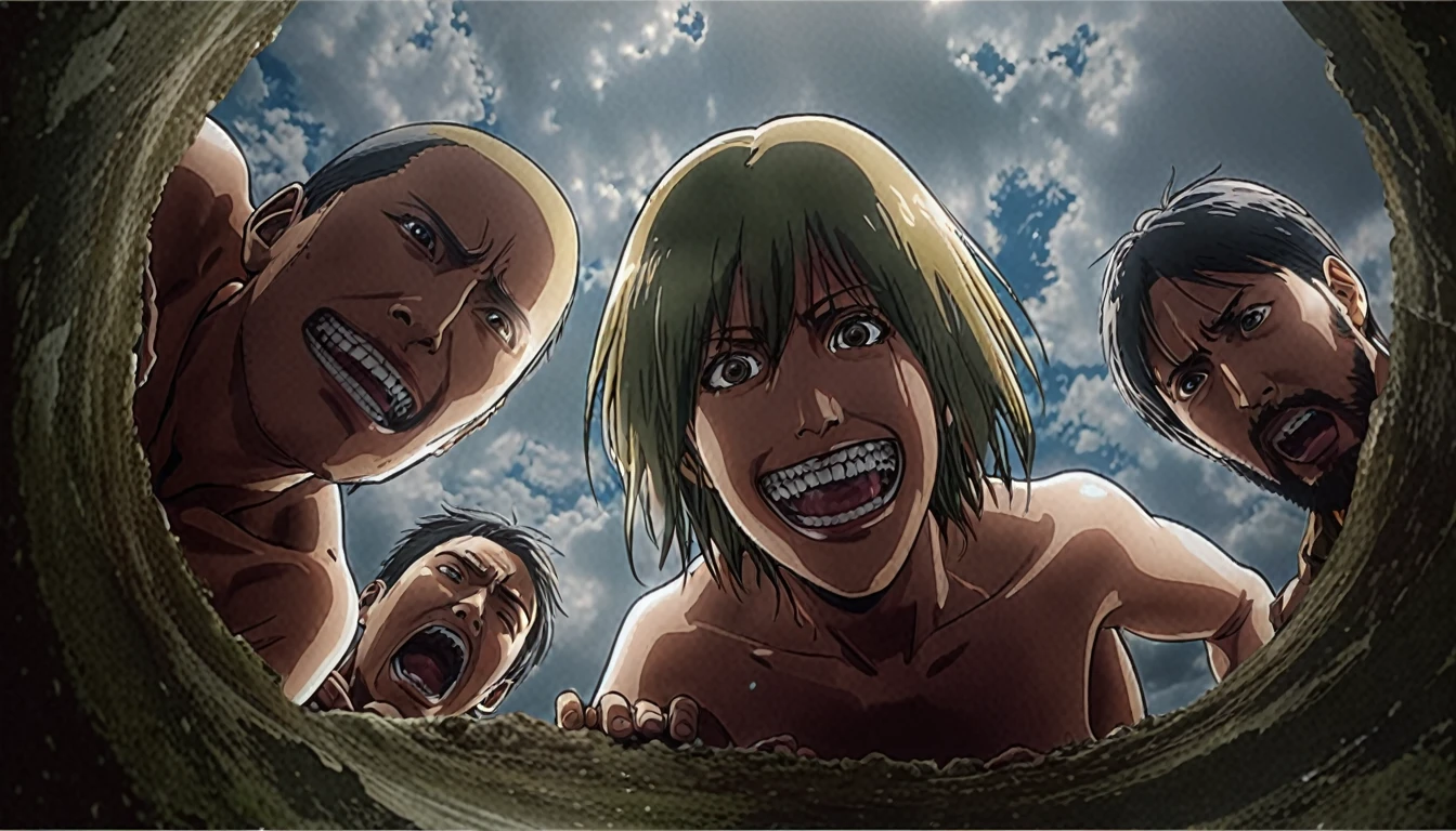 Three people in a hole with the sky in the background, Attack on Titan covert art, photorealistic style, from Attack on Titan, Attack on Titans, Attack on Titan, shingeki no kyojin, , Attack on Titan scenery,Photorealistic (Photorealistic) Lifelike (Vibrant) Realistic (Realistic) True to Life (True to life) vivid (Brilliant) Picture-Perfect (Perfect Image) Naturalistic (Naturalistic) Convincing (Persuasive) Authentic (genuine) High Fidelity (High fidelity) Believable (Believable) True-to-life Details (true to lifeDetails) Tangible (Hands-on) Detailed (Detailed) Resonating (Echoes) precise (precise) Exact (Accurate) Hyperrealistic (Ultra-realistic) In-the-Moment (At that time) Verisimilar (Getting closer to the truth) Mirror-like (Mirror-like) Close-to-reality (Close to reality)