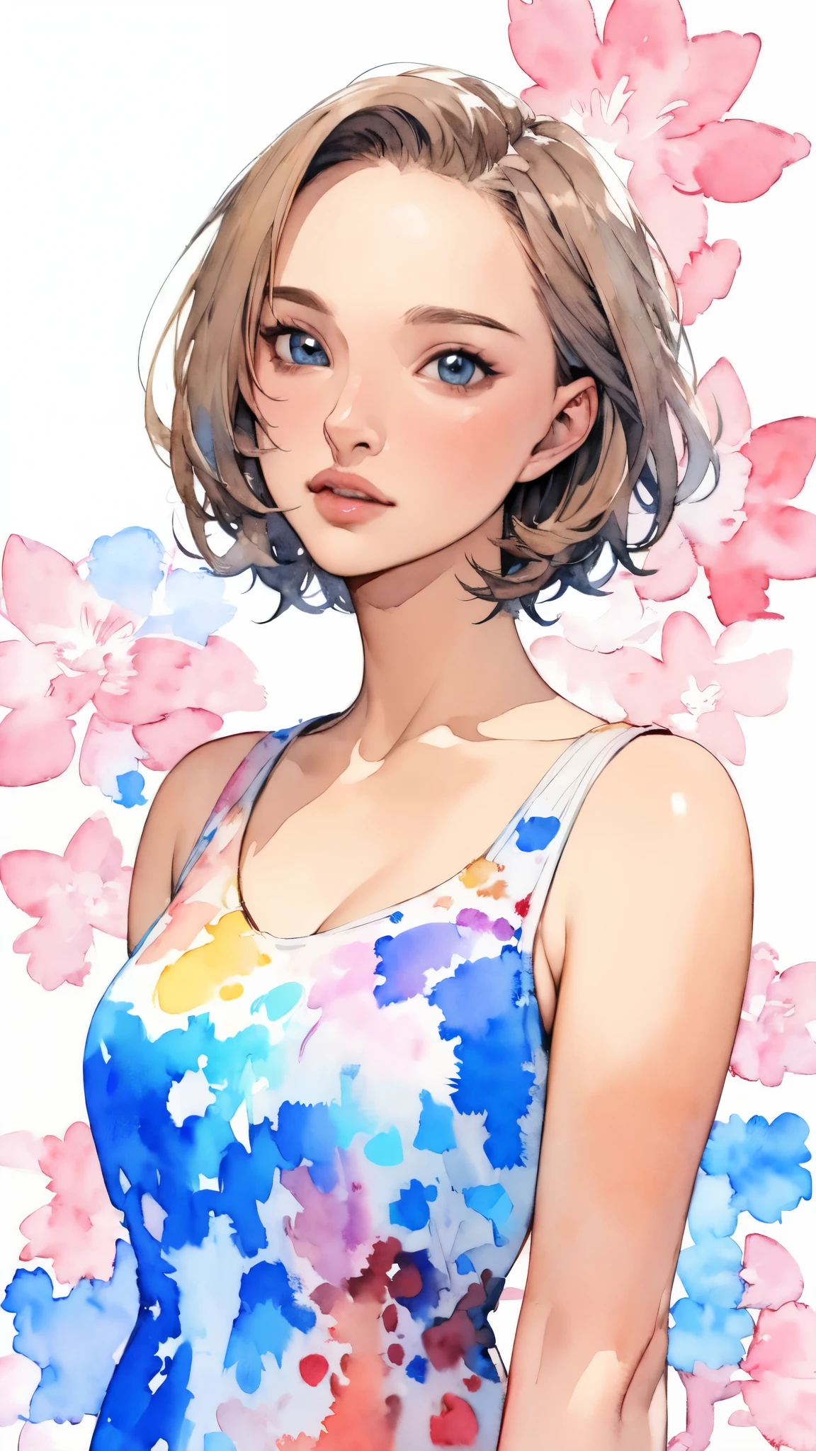 (masterpiece:1.2, Highest quality),8K,wallpaper,((Watercolor)),(Natalie Portman), Upper body close-up,front,short hair,Wearing a bold dress,Perfect Eyes,Detailed face,,Cool woman