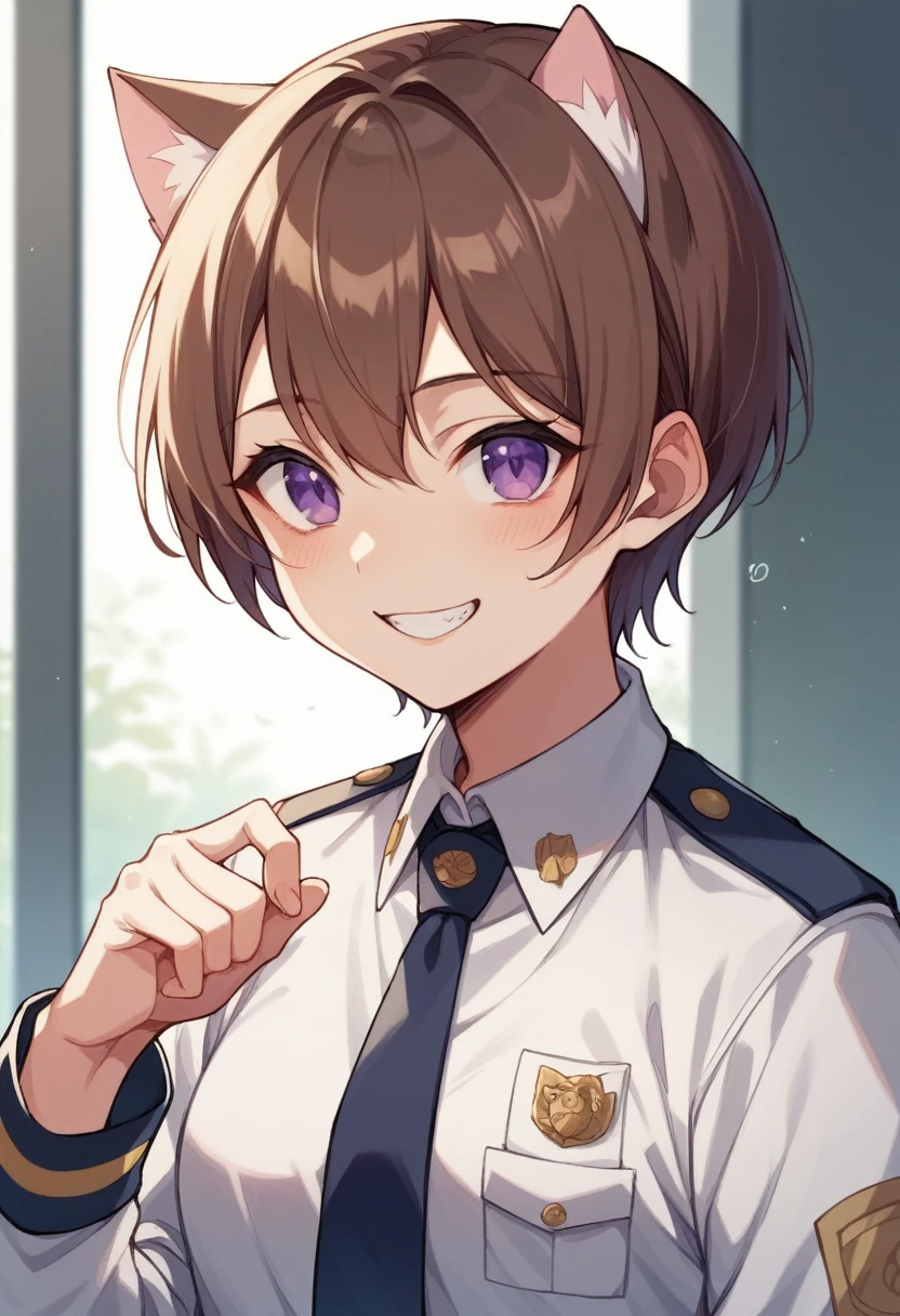 Brown Hair、Purple Eyes、short hair、Cat ear、uniform、smile、student