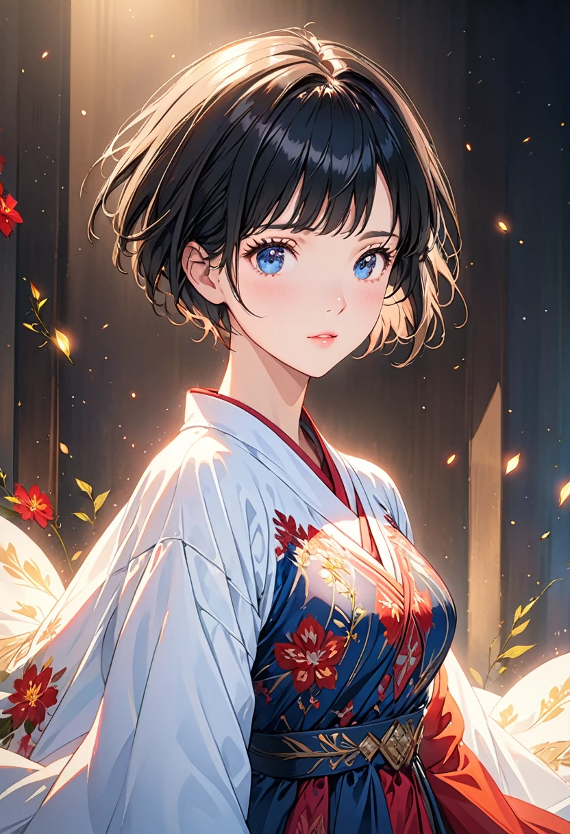 ((top quality)), ((masterpiece)), (detail), high resolution, perfect face, detailed eyes, fine eyes, depth of field, cinematic lighting, photorealistic BREAK (1 beautiful girl), medium breasts, black hair, ((pixie cut, forehead)), (Noble knightly dress), Long robe with gorgeous patterns, vibrant colors, (simple background), light particles, (cowboy shot), anime CG coloring