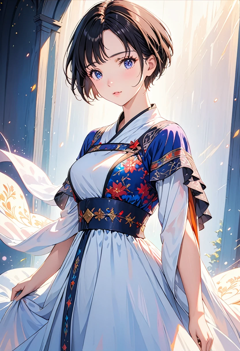 ((top quality)), ((masterpiece)), (detail), high resolution, perfect face, detailed eyes, fine eyes, depth of field, cinematic lighting, photorealistic BREAK (1 beautiful girl), medium breasts, black hair, ((pixie cut, forehead)), (Noble knightly dress), Long robe with gorgeous patterns, vibrant colors, (simple background), light particles, (cowboy shot), anime CG coloring