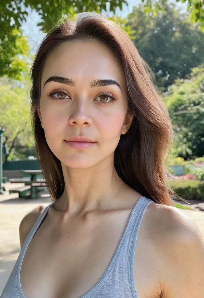 Generate an image of a beautiful 20-year-old woman in an outdoor setting. She has clean, clear skin and looks realistic. Her height is 1.6 meters, and she weighs 50 kilograms. The background should be a scenic outdoor environment, such as a park, garden, or natural landscape, with bright, natural lighting that enhances her features. She should have a confident and natural pose, reflecting a sense of ease and connection with her surroundings.