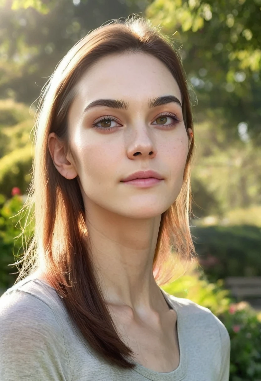 Generate an image of a beautiful 20-year-old woman in an outdoor setting. She has clean, clear skin and looks realistic. Her height is 1.6 meters, and she weighs 50 kilograms. The background should be a scenic outdoor environment, such as a park, garden, or natural landscape, with bright, natural lighting that enhances her features. She should have a confident and natural pose, reflecting a sense of ease and connection with her surroundings.