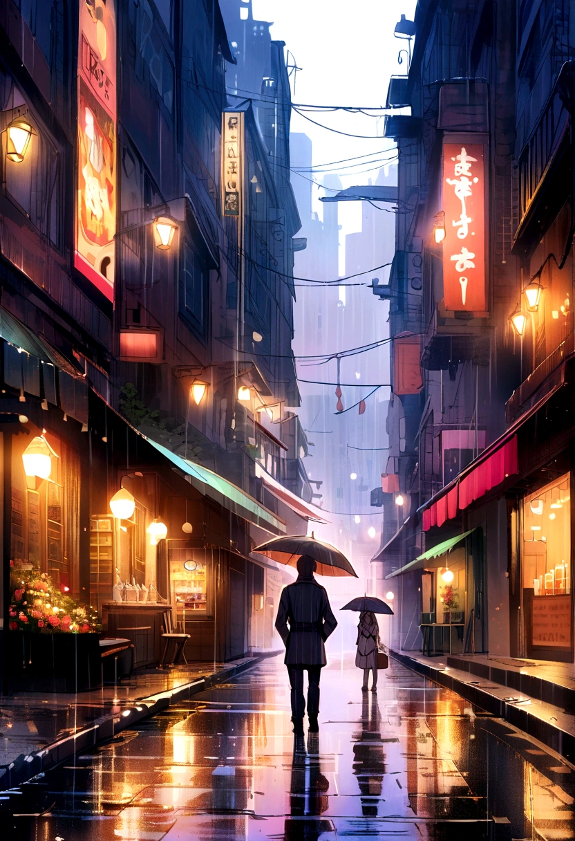 Location: Rain-soaked city street
Comic sketch in the style of Dave Gibbons