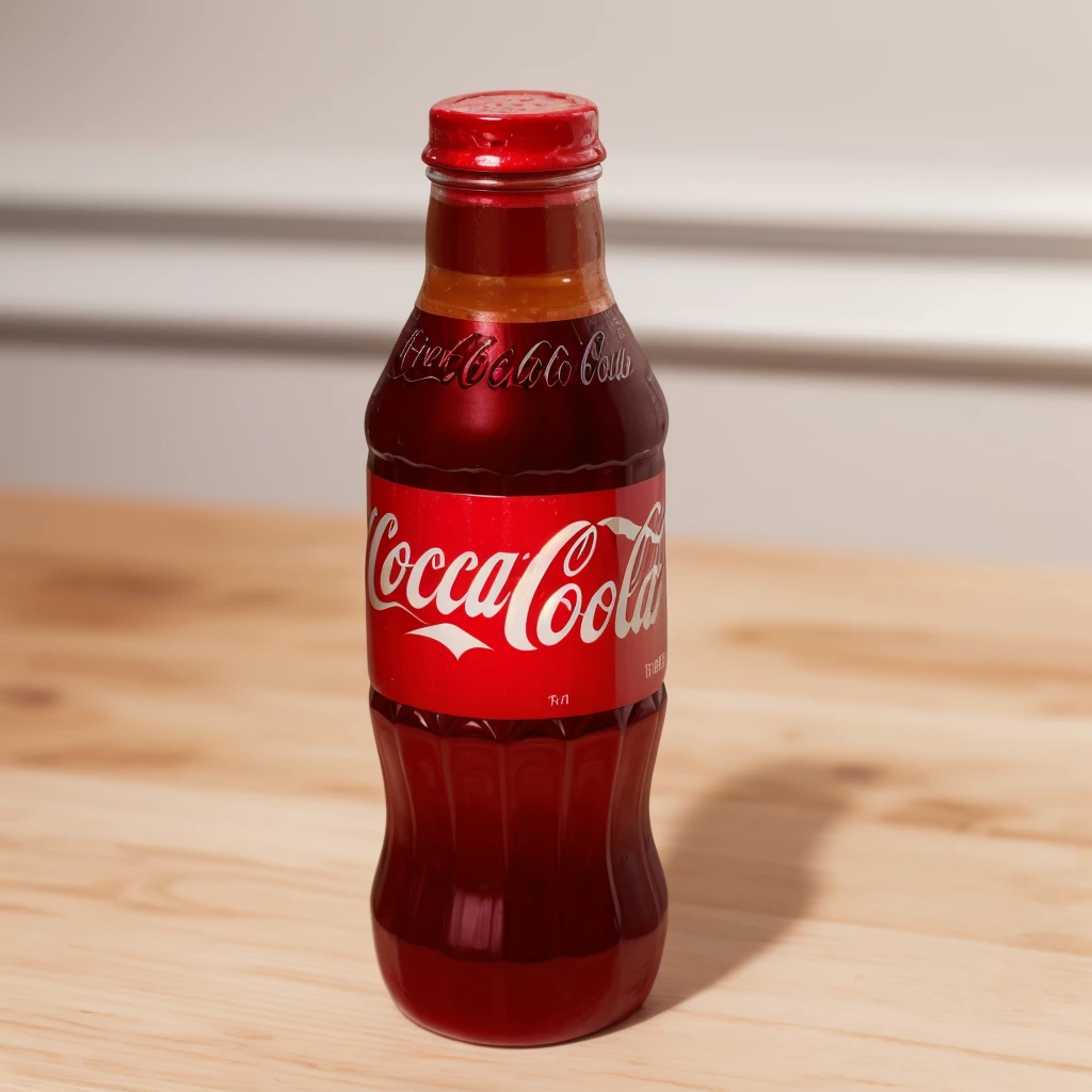 in the kitchen, on a wooden table, a coca cola jelly bottle, it shows a jelly texture, realistic texture, realistic style, detailed texture, high quality, high resolution, high quality rendering, realistic photo, brightning light, macro photo, ultra hd 4k
