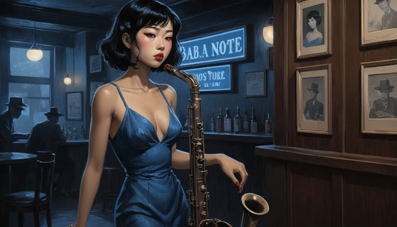 robert johnson, gritty, alabama bar, blue note, charismatic , illustration, noir fantasy, lone asian lady, sad ending, saxophonist