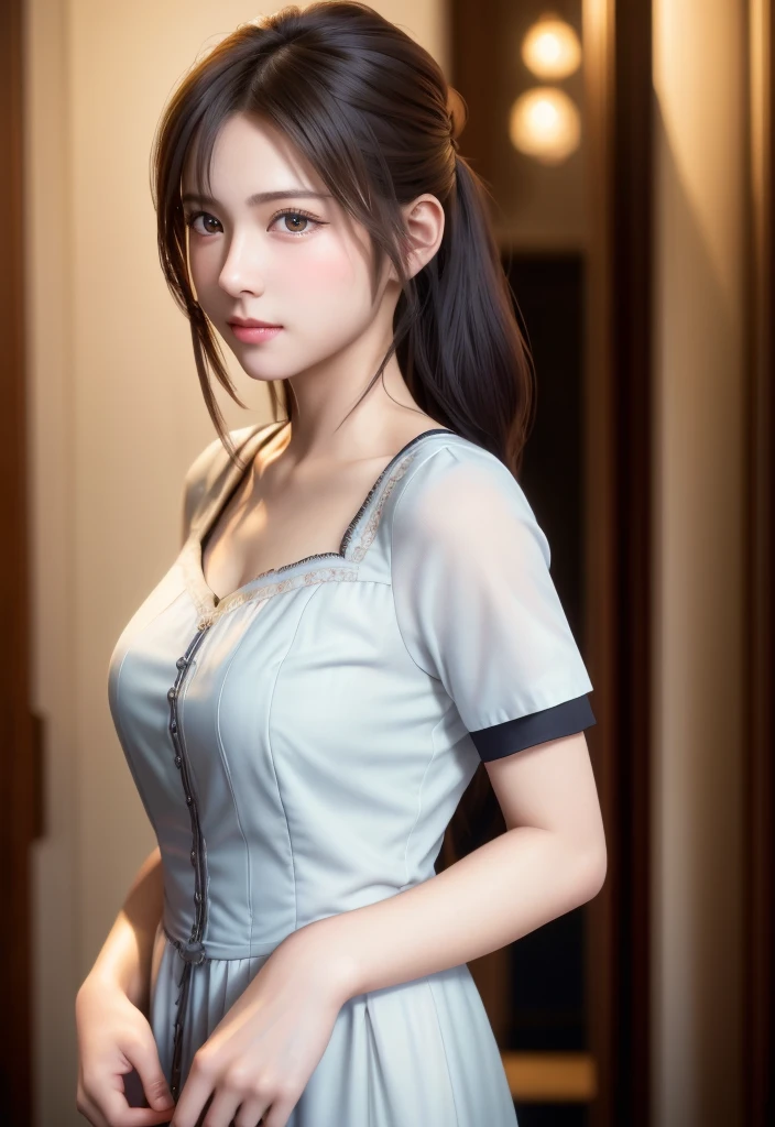 8K, of the highest quality, masutepiece:1.2), (Realistic, Photorealsitic:1.37), of the highest quality, masutepiece, Beautiful young woman、A charming、and an inviting look, Cute Maid Clothes, Hair tied back, Cinematic background, Light skin tone