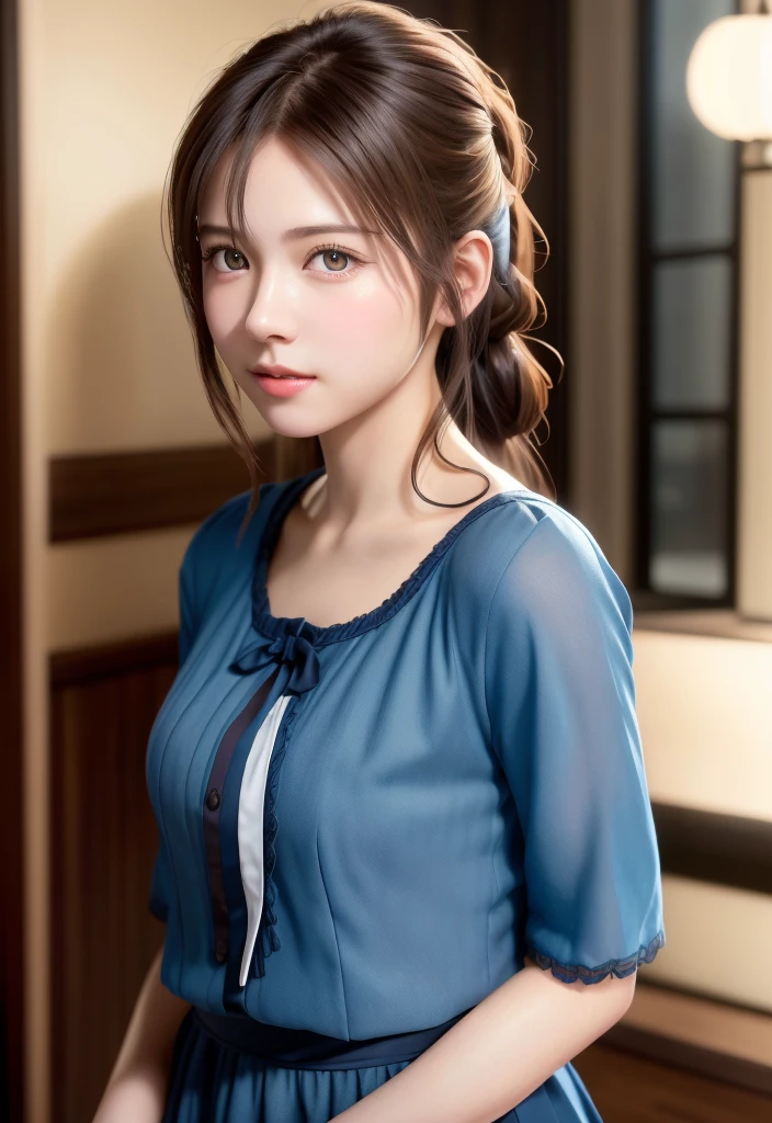 8K, of the highest quality, masutepiece:1.2), (Realistic, Photorealsitic:1.37), of the highest quality, masutepiece, Beautiful young woman、A charming、and an inviting look, Cute Maid Clothes, Hair tied back, Cinematic background, Light skin tone