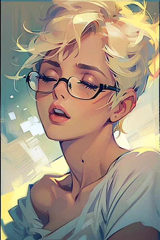 (Close-up of woman's face:1.4). Getting ((aroused:1.1)), ((closed eyes, moan:1.4)). Athletic blonde woman, (short hair), tomboy, cute, Reading glasses, t-shirt, panties, very light makeup. ((Masterpiece, best quality)),edgQuality, edgOrgasm,face focus.