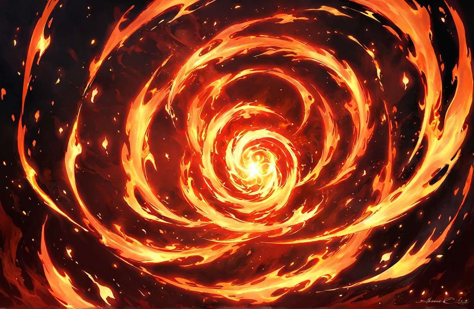 Red and black swirling objects，A white-hot glow emanates from the middle，Swirls of flaming petals，Ink splashing style in flame art，Magic flames in concept art，Made of liquid red metal，Flame Tornado，Fire splash halo from game concept art，In mysterious flame style，Red Halo，The power of fire burning around，Flame Power Spin，Essence in Flame。