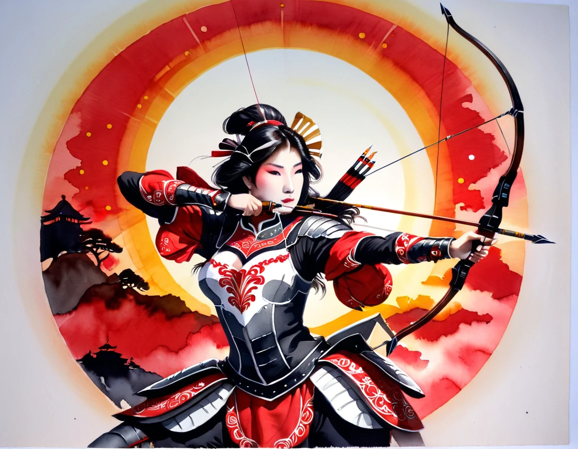 a Japanese watercolor illustration (using Black, white and red colors only) of a exquisite beautiful female archer, (silhouette artwork: 1.3), aiming a bow, holding the (composite masterwork bow: 1.3)  perfectly, ready for action as the sun rises, fantasy art, ), sun rising behind the archer, ready to act,  ultra feminine, with a long curvy hair, wearing knights armor, intricate clothes, , sting drawn to the cheek , arrow ready to be shot, (tip of the arrow glimmers in the sun: 1.3), sunrays, divine rays, high details, best quality, 16k, [ultra detailed], masterpiece, best quality, (extremely detailed), dynamic angle, Aiming a Bow, bow (weapon), ral-wtrclr