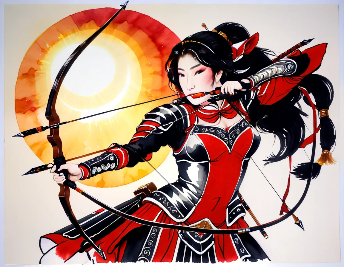 a Japanese watercolor illustration (using Black, white and red colors only) of a exquisite beautiful female archer, (silhouette artwork: 1.3), aiming a bow, holding the (composite masterwork bow: 1.3)  perfectly, ready for action as the sun rises, fantasy art, ), sun rising behind the archer, ready to act,  ultra feminine, with a long curvy hair, wearing knights armor, intricate clothes, , sting drawn to the cheek , arrow ready to be shot, (tip of the arrow glimmers in the sun: 1.3), sunrays, divine rays, high details, best quality, 16k, [ultra detailed], masterpiece, best quality, (extremely detailed), dynamic angle, Aiming a Bow, bow (weapon), ral-wtrclr