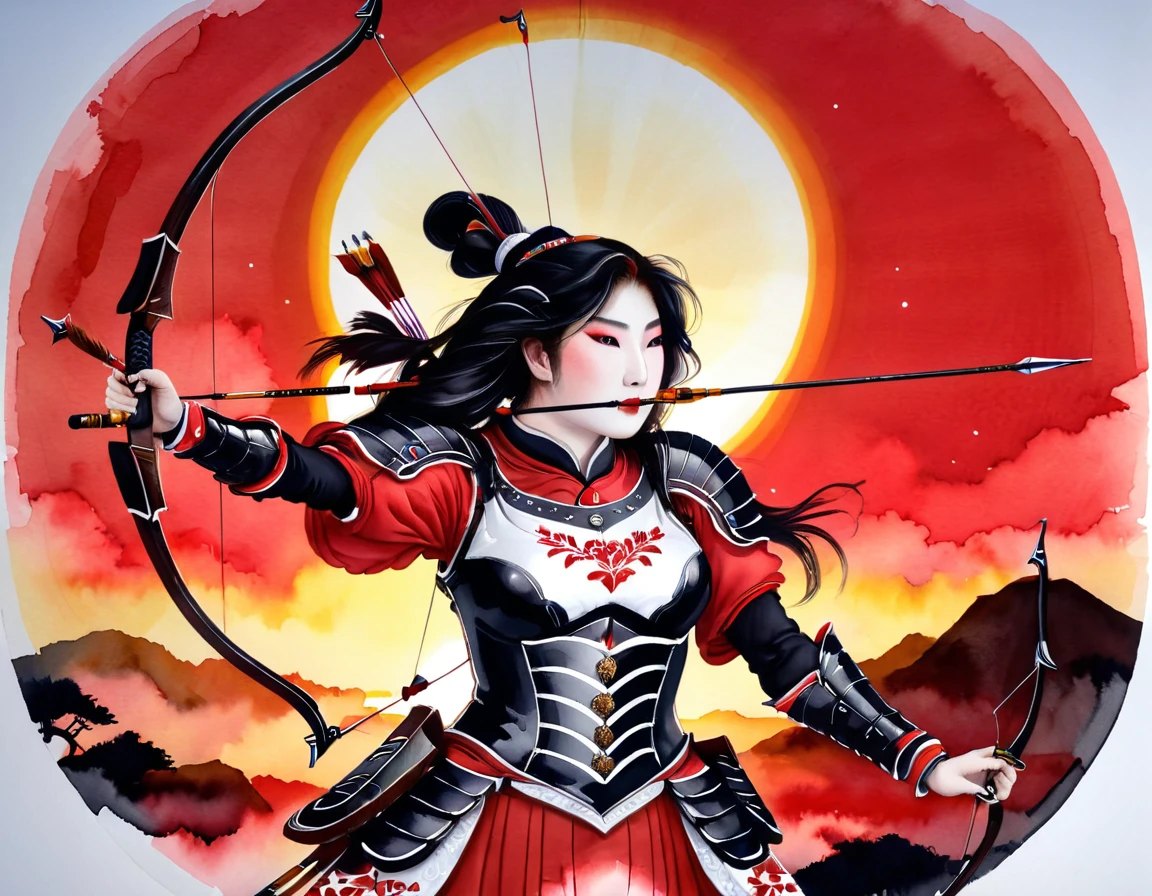 a Japanese watercolor illustration (using Black, white and red colors only) of a exquisite beautiful female archer, (silhouette artwork: 1.3), aiming a bow, holding the (composite masterwork bow: 1.3)  perfectly, ready for action as the sun rises, fantasy art, ), sun rising behind the archer, ready to act,  ultra feminine, with a long curvy hair, wearing knights armor, intricate clothes, , sting drawn to the cheek , arrow ready to be shot, (tip of the arrow glimmers in the sun: 1.3), sunrays, divine rays, high details, best quality, 16k, [ultra detailed], masterpiece, best quality, (extremely detailed), dynamic angle, Aiming a Bow, bow (weapon), ral-wtrclr