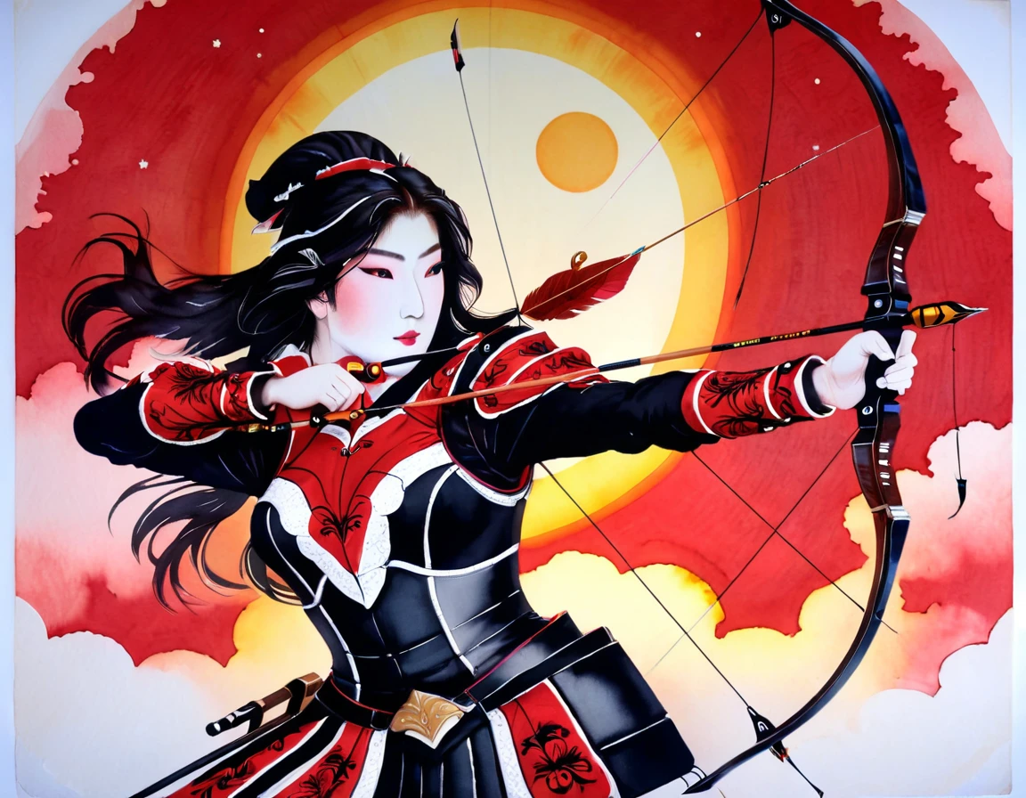 a Japanese watercolor illustration (using Black, white and red colors only) of a exquisite beautiful female archer, (silhouette artwork: 1.3), aiming a bow, holding the (composite masterwork bow: 1.3)  perfectly, ready for action as the sun rises, fantasy art, ), sun rising behind the archer, ready to act,  ultra feminine, with a long curvy hair, wearing knights armor, intricate clothes, , sting drawn to the cheek , arrow ready to be shot, (tip of the arrow glimmers in the sun: 1.3), sunrays, divine rays, high details, best quality, 16k, [ultra detailed], masterpiece, best quality, (extremely detailed), dynamic angle, Aiming a Bow, bow (weapon), ral-wtrclr