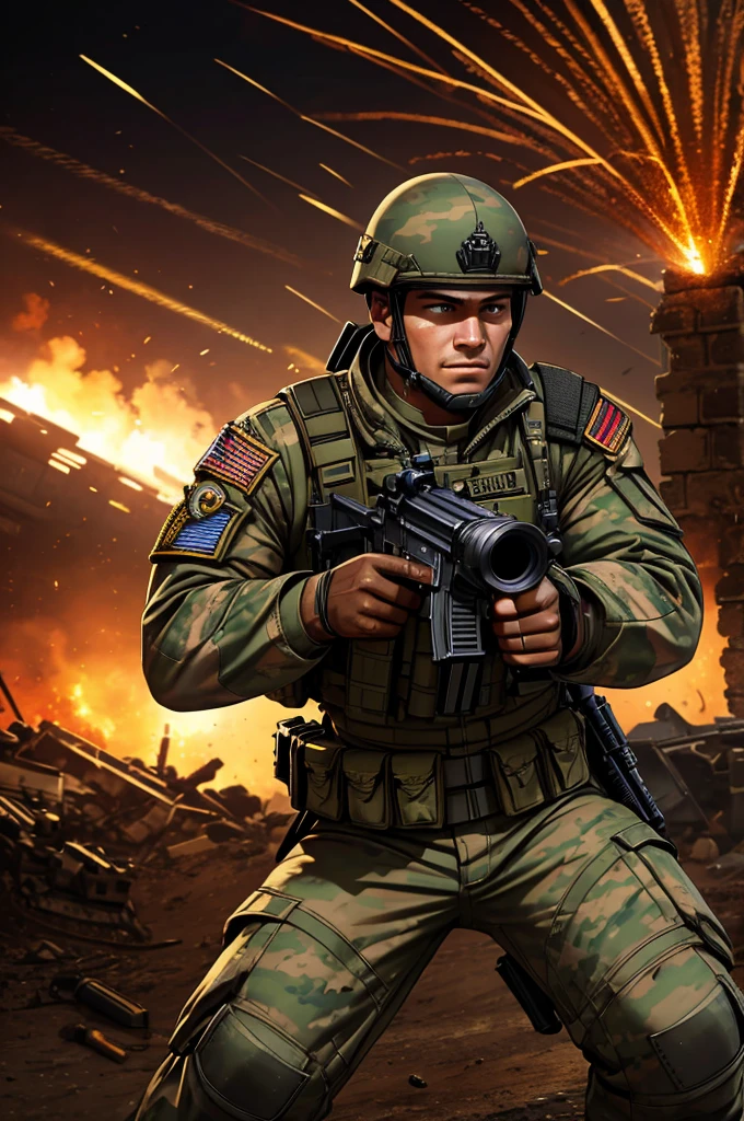 a soldier making a thumbs up gesture, highly detailed photorealistic military uniform, heavily armed with assault rifle, battlefield background with explosions, dynamic action pose, adrenaline-filled combat scene, winner celebration, cinematic lighting, gritty war-torn environment, vibrant colors, intense focal points, photorealistic textures, dynamic camera angle, hyper-realistic details, masterfully composed