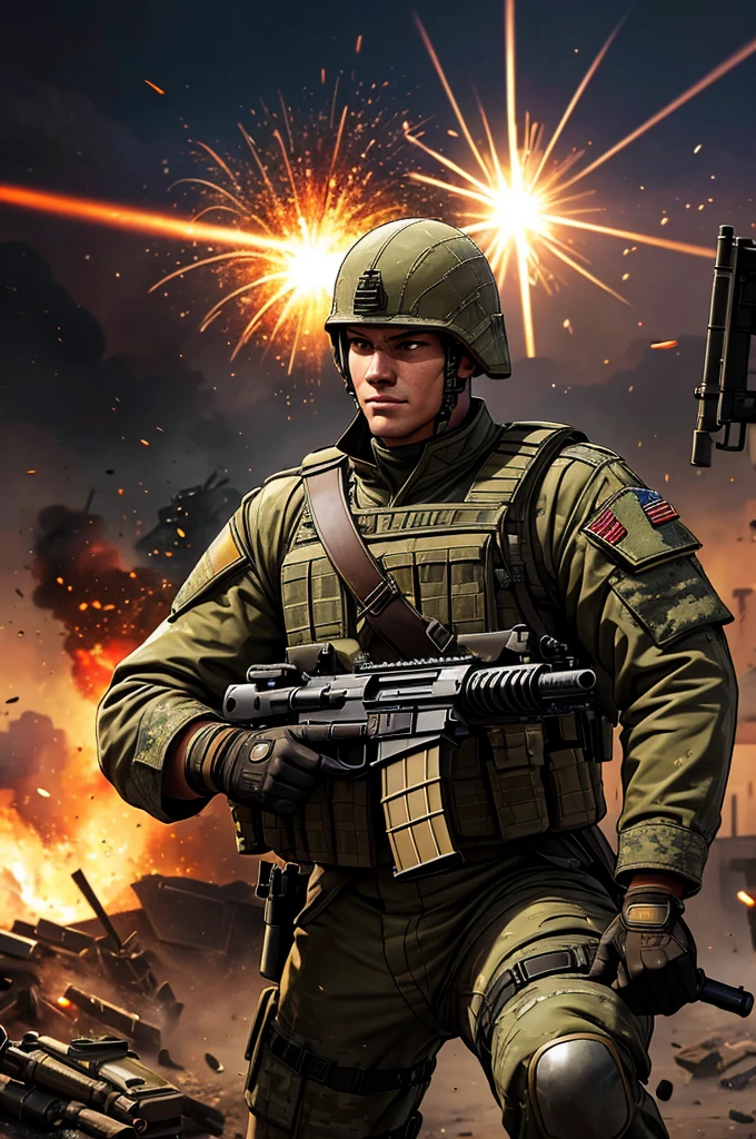 a soldier making a thumbs up gesture, highly detailed photorealistic military uniform, heavily armed with assault rifle, battlefield background with explosions, dynamic action pose, adrenaline-filled combat scene, winner celebration, cinematic lighting, gritty war-torn environment, vibrant colors, intense focal points, photorealistic textures, dynamic camera angle, hyper-realistic details, masterfully composed