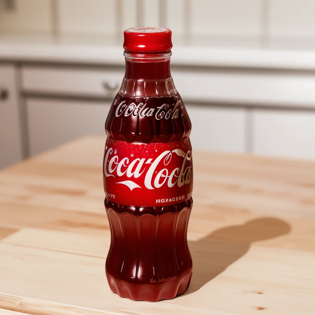 in the kitchen, on a wooden table, a coca cola jelly bottle, it shows a jelly texture, realistic texture, realistic style, detailed texture, high quality, high resolution, high quality rendering, realistic photo, brightning light, macro photo, ultra hd 4k