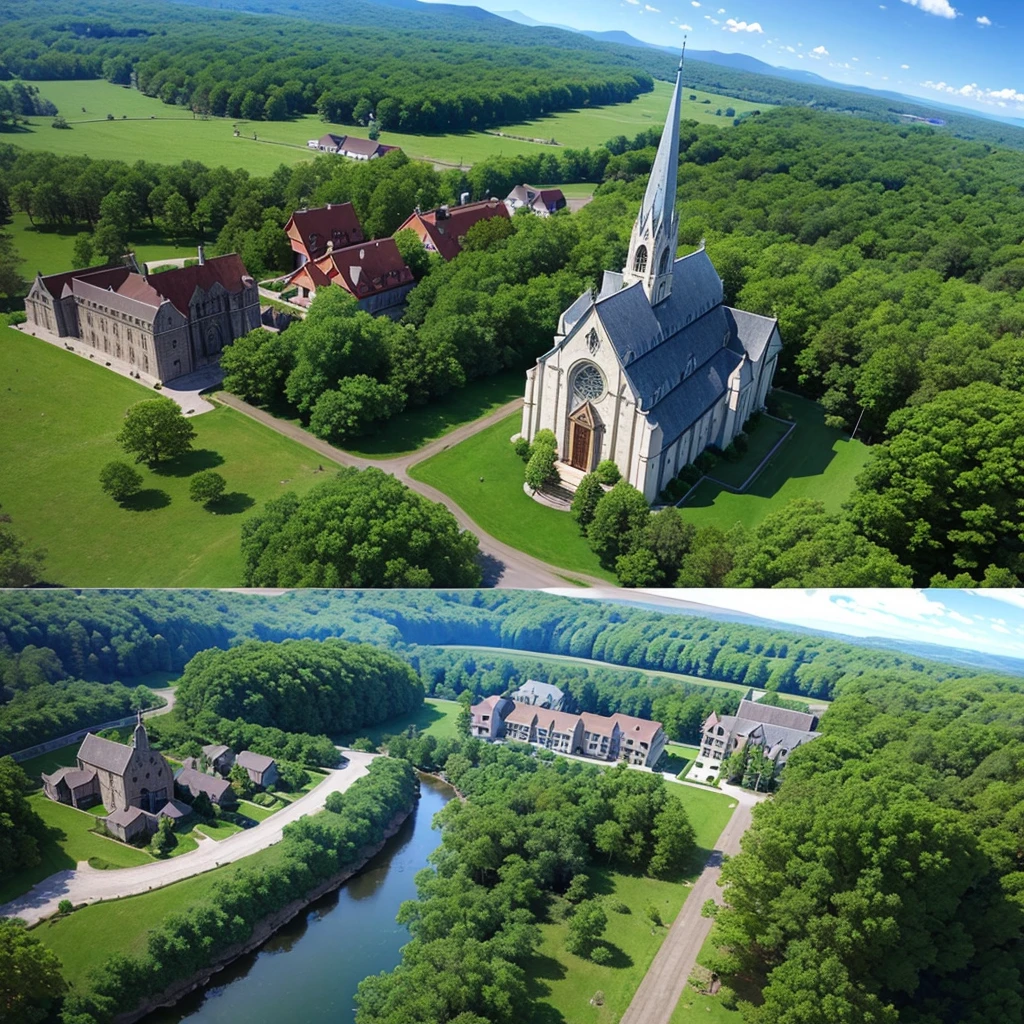 A highly detailed 3D rpg maker style map, rpg maker, top-down rpg maker style camera, forest with church and houses, beautiful detailed church, beautiful detailed houses