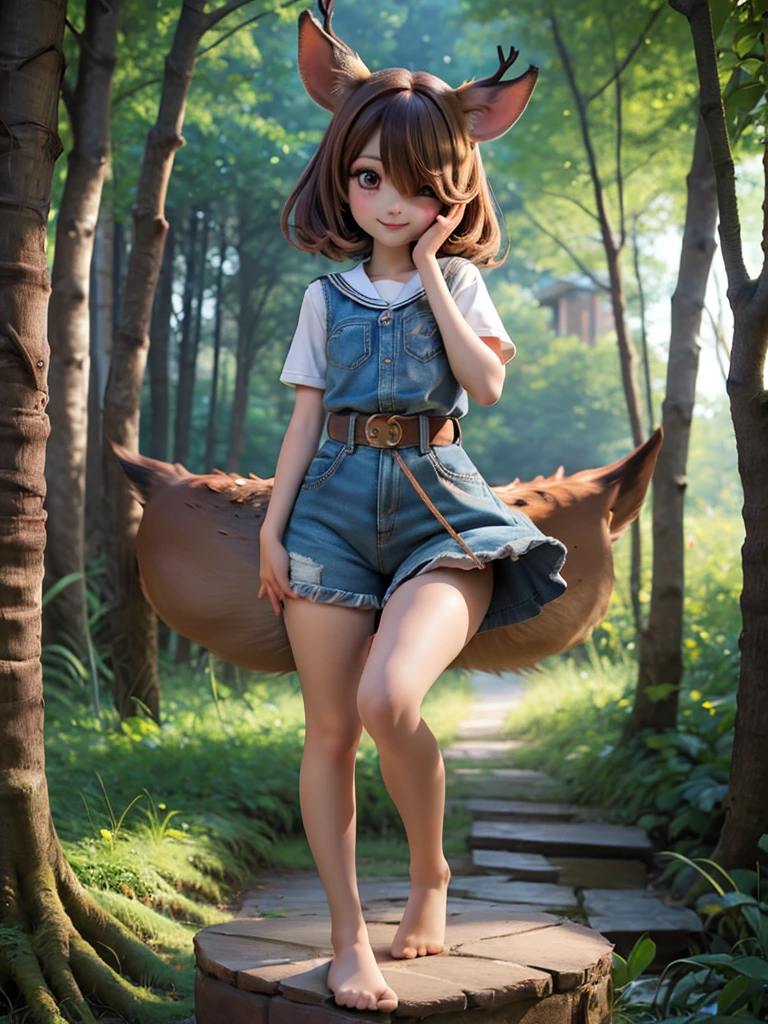 HDR, Excellent quality, 1. A  girl, (standingn:1.4) sideways, leg bent at the knees, pantyhouse, (no shoes):1.2, One arm raised up,  curvy loli,one eye covered, deer ears, Deer tail, short tail, One Tail, with a beautiful face, ssmile, woods