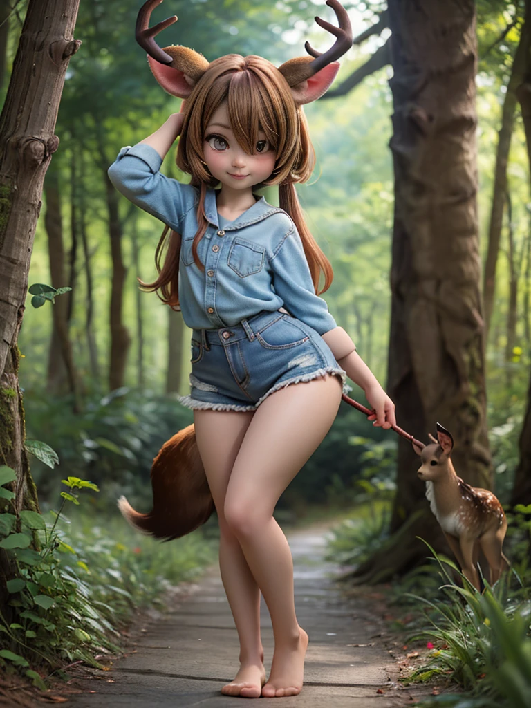 HDR, Excellent quality, 1. A girl, (standingn:1.4) sideways, leg bent at the knees, pantyhouse, (no shoes):1.2, One arm raised up, curvy ,one eye covered, deer ears, Deer tail, short tail, One Tail, with a beautiful face, ssmile, woods