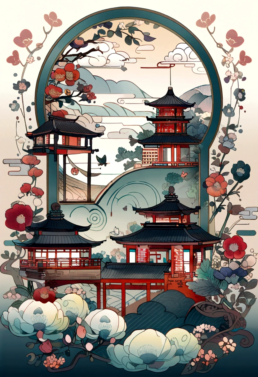 A Chinese-style building、landscape、Flowers、Embroidery Pattern、Chinese illustration composed of butterflies