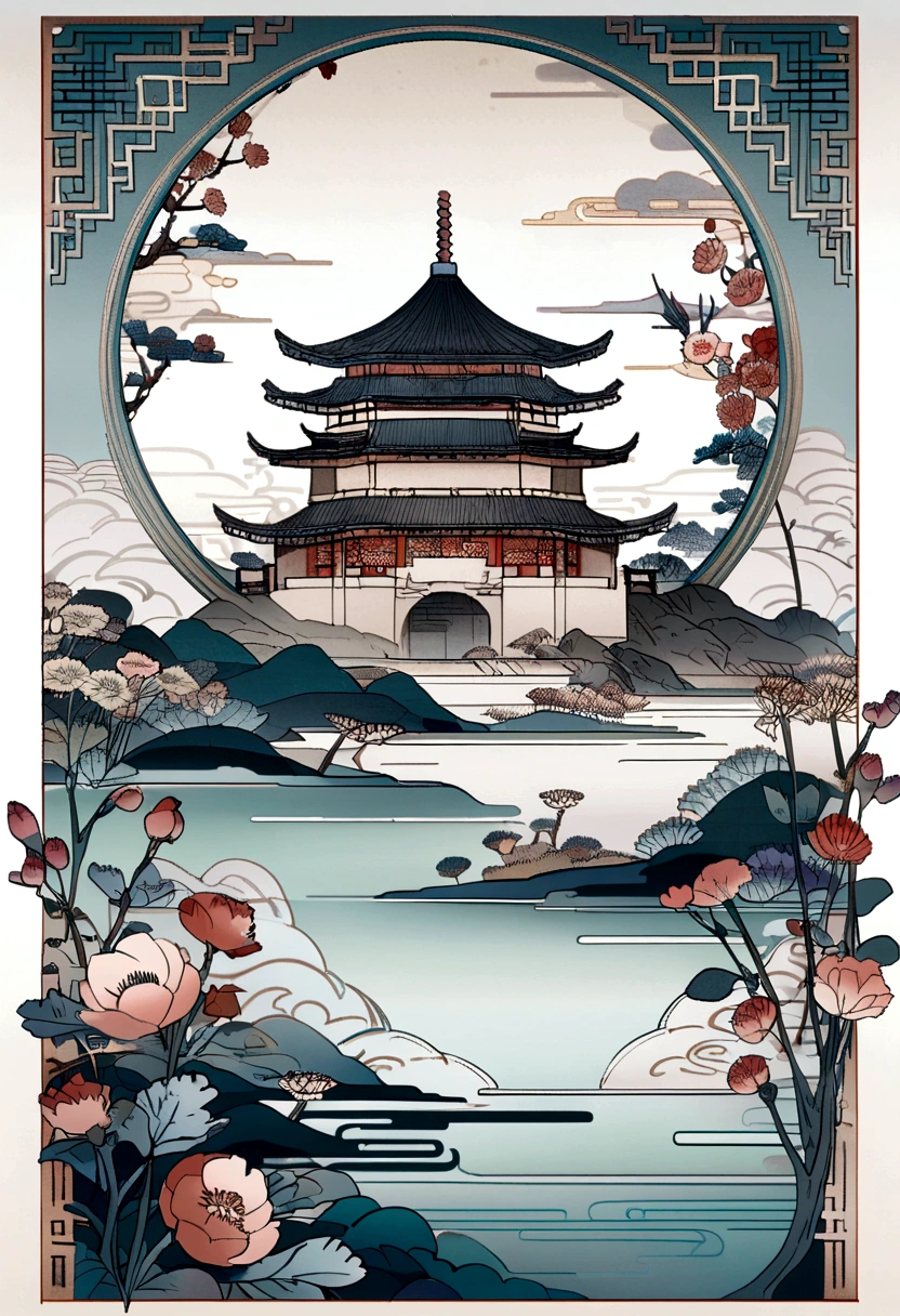A Chinese-style building、landscape、Flowers、Embroidery Pattern、Chinese illustration composed of butterflies