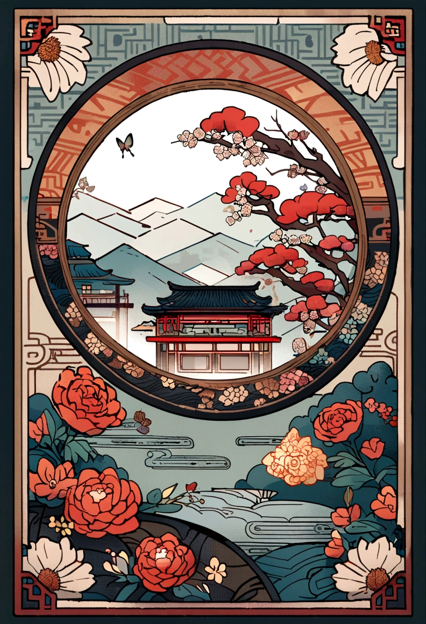 A Chinese-style building、landscape、Flowers、Embroidery Pattern、Chinese illustration composed of butterflies