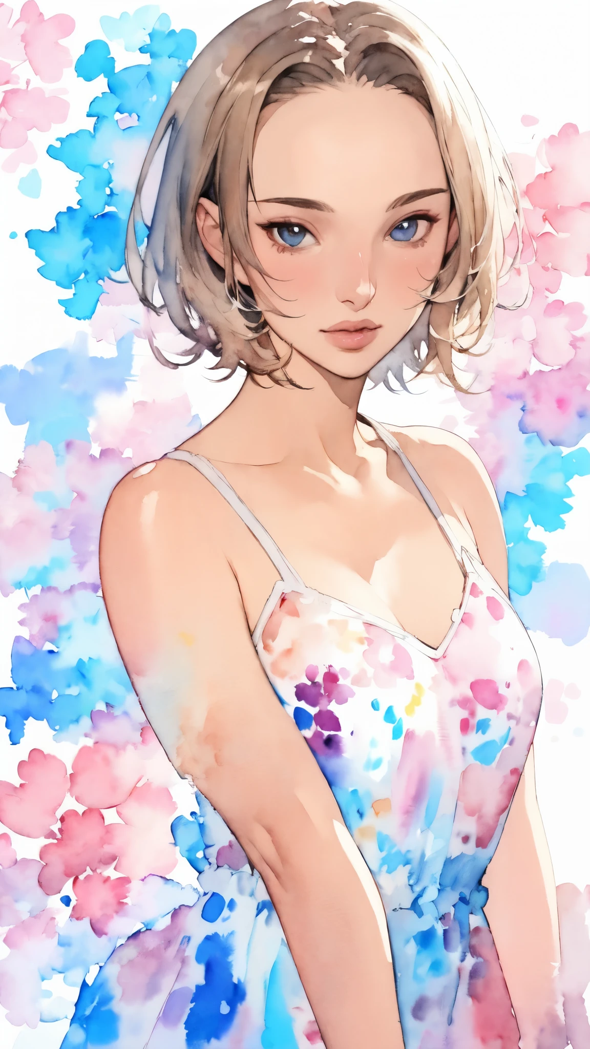 (masterpiece:1.2, Highest quality),8K,wallpaper,(((Watercolor))),(Natalie Portman), Upper body close-up,front,short hair,Wearing a bold dress,Perfect Eyes,Detailed face,,Cool woman