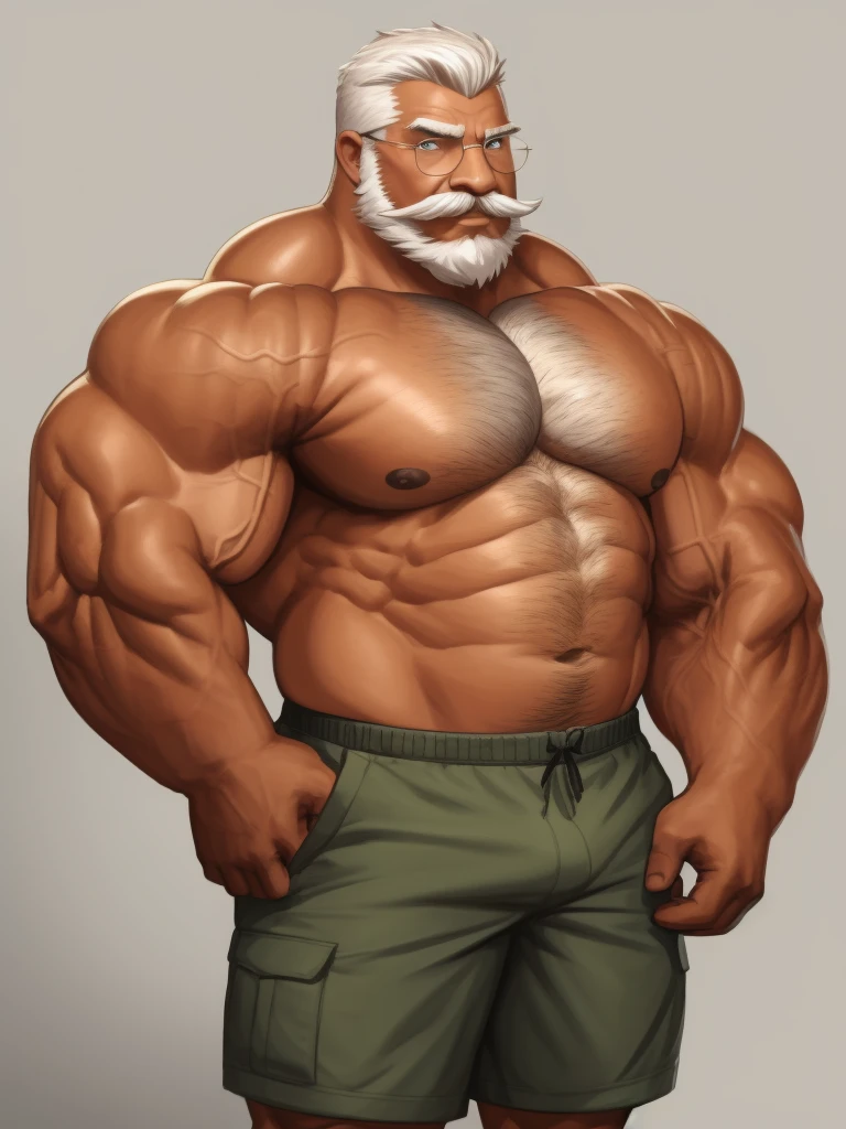 solo, 1boy, Huge Muscular Old man wearing glasses , pectoral, thick arms, huge pectoral, wide pectoral, short white hair, short pants and shirtless, bearded, mustache, simple background, masterpiece, high detailed, 8k, high resolution