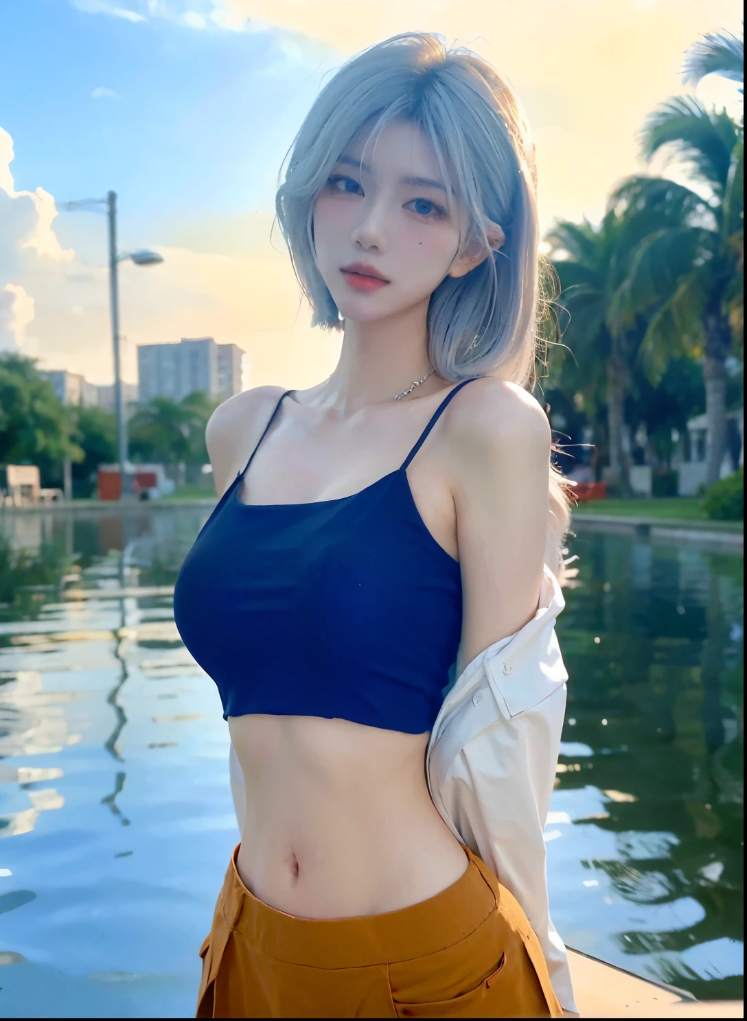 Beautiful woman with perfect figure:1.4，Swimming background，Desert Background，Ultra-high resolution，Seductive laughter，wear glasses，White legs，（lifelike：1.4），Layered Hairstyle，White皮肤，Black mini pleated skirt，whole body，Very delicate face and skin texture，Double eyelids，Skin Whitening，Long hair，White hair，White，