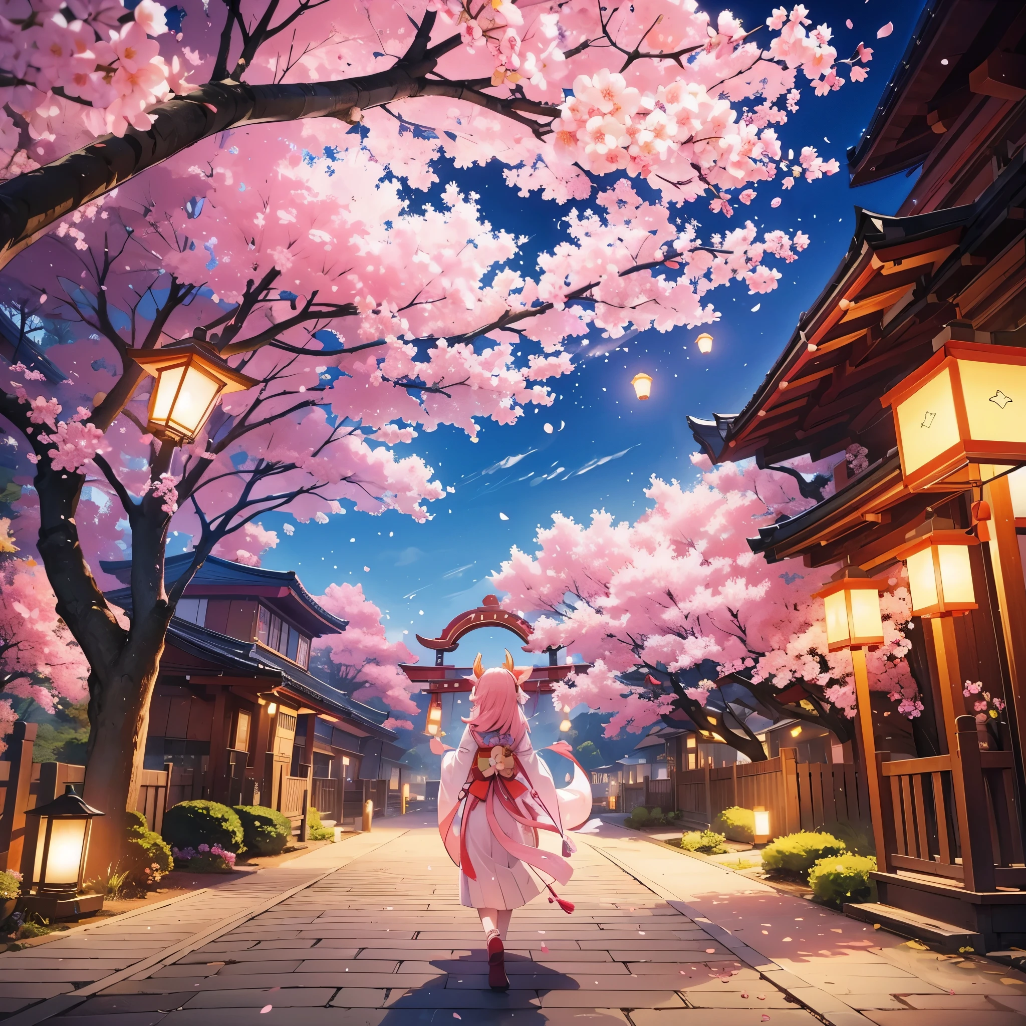 lanterns flying off into the sky, cherry blossom trees, kitsune people, happy, cheerful, more lanterns in sky