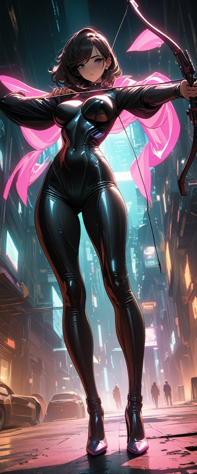 Cyberpunk style，30-year-old mature and charming woman，Leather bodysuit covers the entire body，Full breasts，High heels，Shoot at me with a bow and arrow，beautiful，Glowing Effects，Celluloid style，Flat coating，HD，CG art，comics，8K，Looking at the camera，high quality，illustration，Vaporwave style，Rim Light，light，Very detailed，complicated，OC Renderer，Viewing angle，high resolution