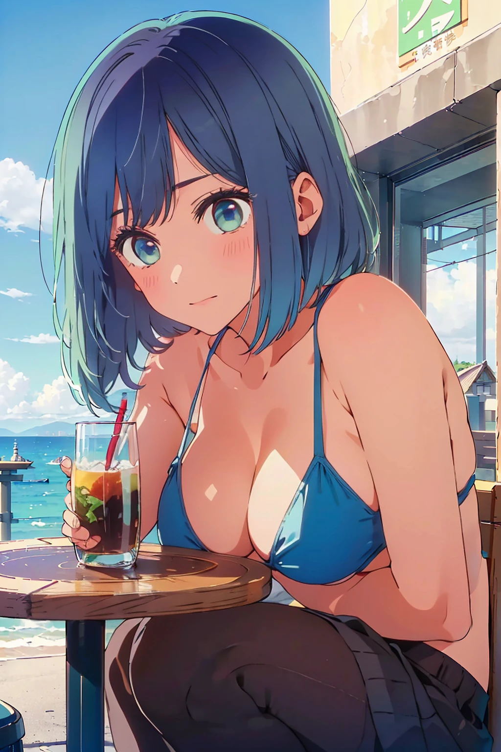 (Highest quality:1.4、masterpiece:1.4、Super detailed:1.4、8K:1.4)、F cup bust、Big Breasts、Slim body、Very beautiful skin、((((1 person、Surprised expression、sit、Chair、In the background are the urban buildings of Tokyo、looking at the camera、Outdoor café terrace、coastal、Navy hair color、juice、Shooting up close、table、Very cute face))))、(Pose of putting hair behind ears with hands:1.4)、((nude、Areola、bikini size too small))、Very blue sky、A completely cloudless sky
