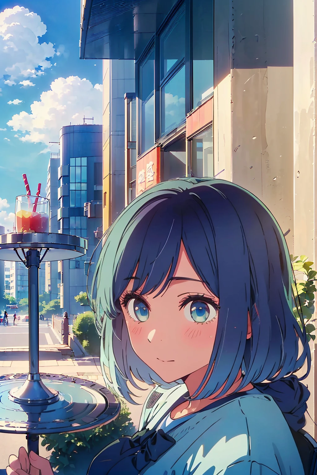 (Highest quality:1.4、masterpiece:1.4、Super detailed:1.4、8K:1.4)、F cup bust、Big Breasts、Slim body、Very beautiful skin、((((1 person、Surprised expression、sit、Chair、In the background are the urban buildings of Tokyo、looking at the camera、Outdoor café terrace、coastal、Navy hair color、juice、Shooting up close、table、Very cute face))))、(Pose of putting hair behind ears with hands:1.4）、((nude、Areola、bikini size too small))、Very blue sky、A completely cloudless sky