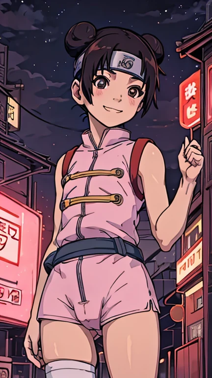 (8k),(masterpiece),(Japanese),(***************),((innocent look)),((Childish)),From the front,smile,cute,Innocent,Kind eyes,Flat chest,Hairless vagina, Cameltoe, Tenten,short,Hair blowing in the wind, Dark brown bun Hair,Strong wind,night,dark, Neon light cyberpunk Konoha Village 