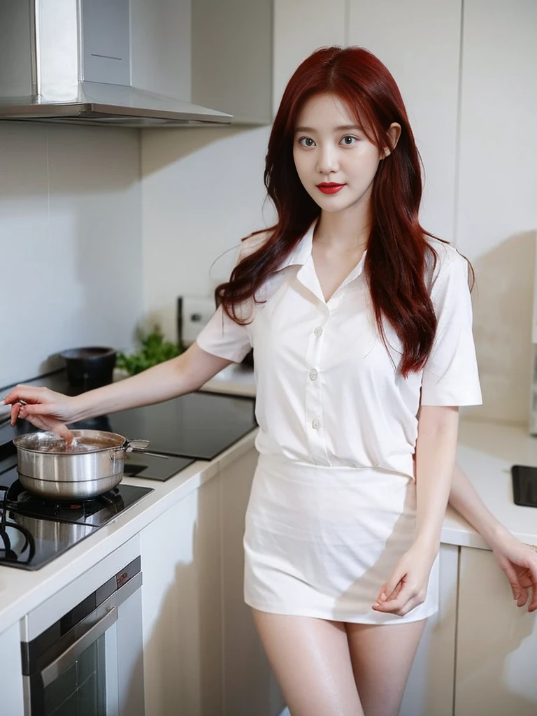 A red-haired girl wearing a short-sleeved white shirt and white panties was boiling water in the kitchen.,realistically,realistic