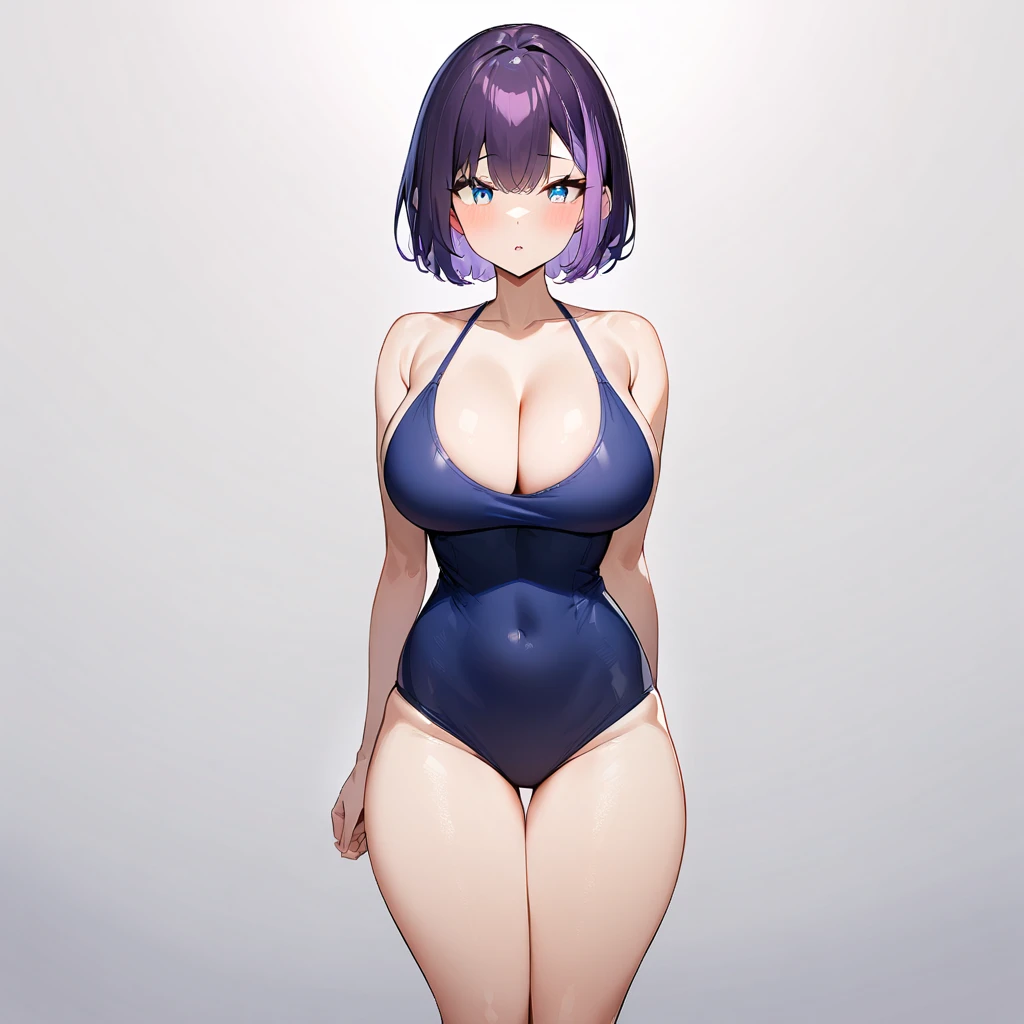 1 girl,short hair,bare,dark purple hair,purple hair,light blue eyes,Two-tone hair,Thighs,Two-tone eyes,big breast,blue one-piece,straight-on,masterpiece,best quality,very aesthetic,absurdres