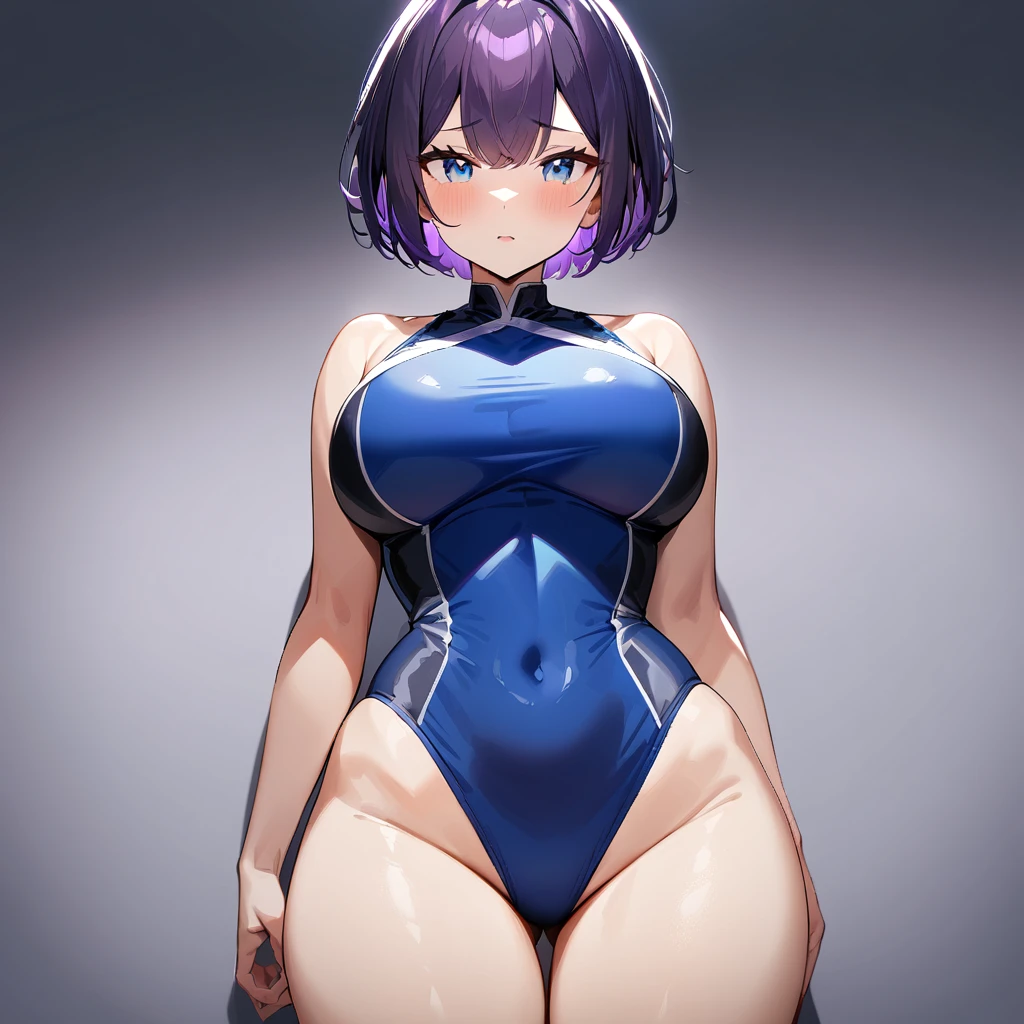 1 girl,short hair,bare,dark purple hair,purple hair,light blue eyes,Two-tone hair,Thighs,Two-tone eyes,big breast,blue one-piece,straight-on,masterpiece,best quality,very aesthetic,absurdres