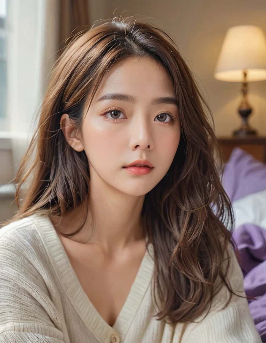 ((Highest quality、8K、masterpiece:1.3))、focus:1.2、(wide angle), instagram photo, Beautiful woman perfect body:1.4、fit body、((Bob Hale、Straight hair:1.2))、(to be born, Highest quality, masterpiece:1.5), (Realistic, Intricate details:1.2) 、sleepy face, ((sleepy)), Beautiful Face, dark brown eyes, medium long hair, messy natural hair, ((small breast}), Bright skin, Kodak film fine grain, High Contrast, back lighting ,Moist Body:1.5、detailed eyes、[Brown Hair]、messy hair, just wake up, on bed, messy bed, purple blanket, sleep wear, dress, ((reading book)), coffee cup, cozy, bed room in apartment, morning, warm sunshine, back lighting