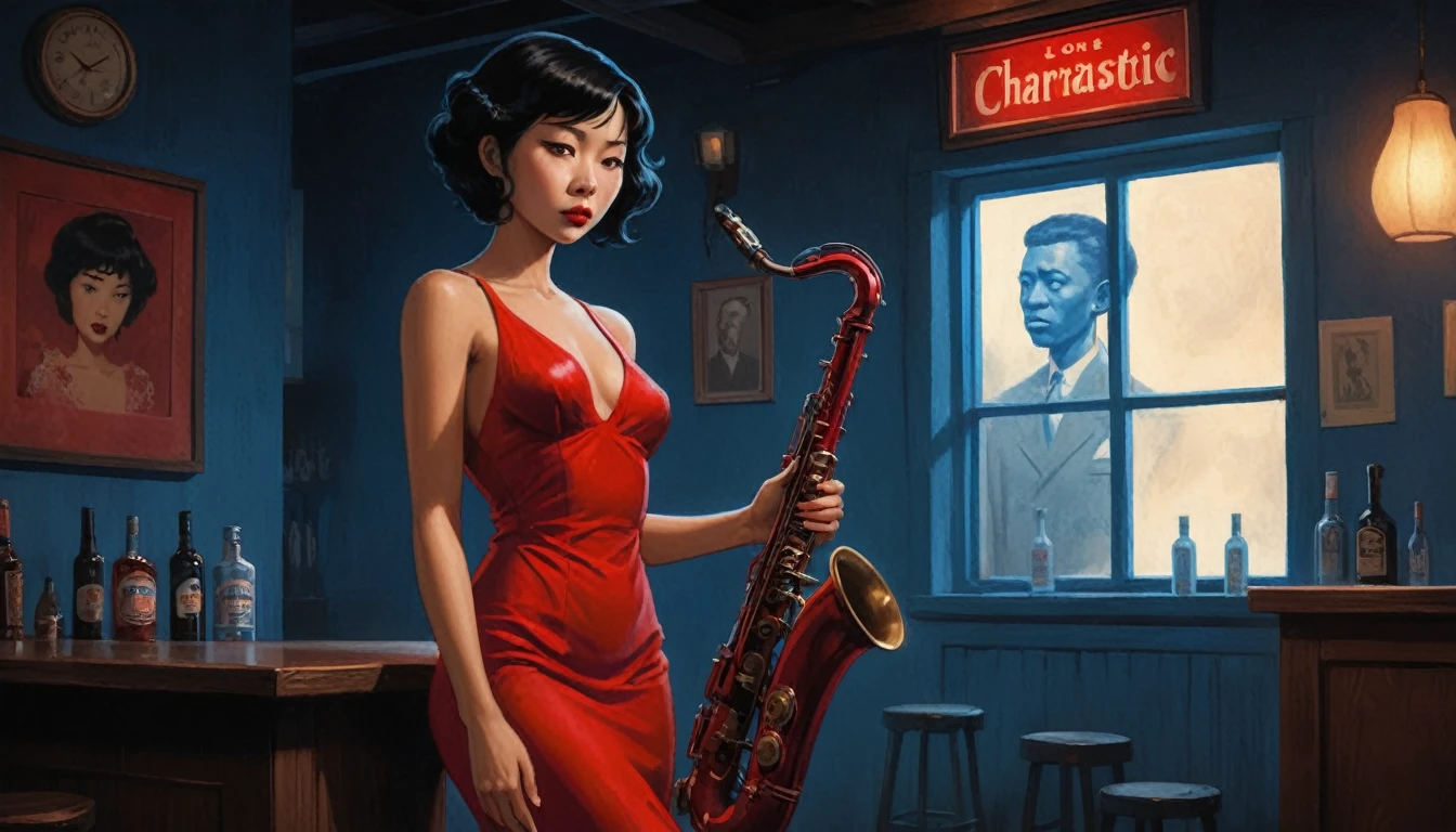 robert johnson, gritty, alabama bar, blue note, charismatic , red dress, illustration, noir fantasy, lone asian lady, sad ending, saxophonist