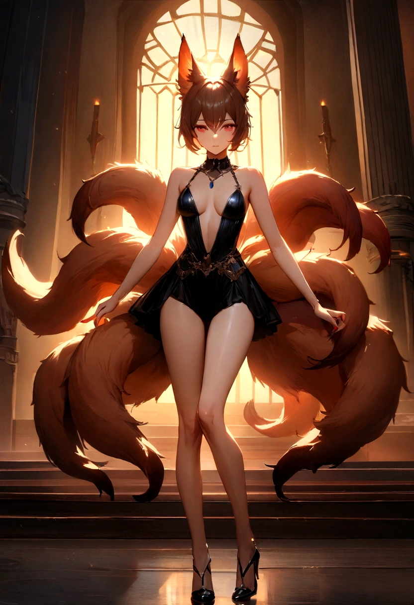 Highest quality、masterpiece、Ultra-high resolution、Raw photo男性 (Realism: 4K)、Raw photo (Thin legs) (Perfect figure)、Fox close-up、９Has four tails、epic fantasy game art、Red fingernails and eyes、In the bright sunlight, a fire is burning in the background、Deep Shadow、Low Key、Cold light 12000K、Masculine traits