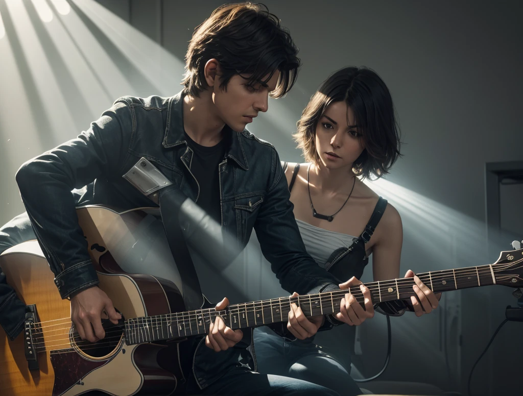 A guitar duel between a human and a robot. Room with s, rays of light Dynamic light, dynamic poses of both guitarists. Electric guitars, dust, sparks. Masterpiece, detail, Rutkowski.