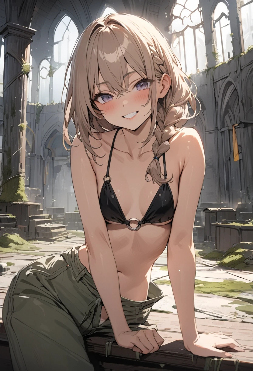 ((Masterpiece)), ((best quality)), (Anime:1.2), (RAW photo:1.2),(High Definition:1.3), (Professional Photography:1.2), (sharp focus), (perfect light),1girl, (grin), (Glossy lips), upper body, looking at viewer, (loose bikini top), O-ring, braid, ((loose pants)), bare arms, pale brown hair, small breast, cute hips, (mist effect:1.3), (Sitting on the podium),((in the Mossy abandoned church)), (super detail:1.2),