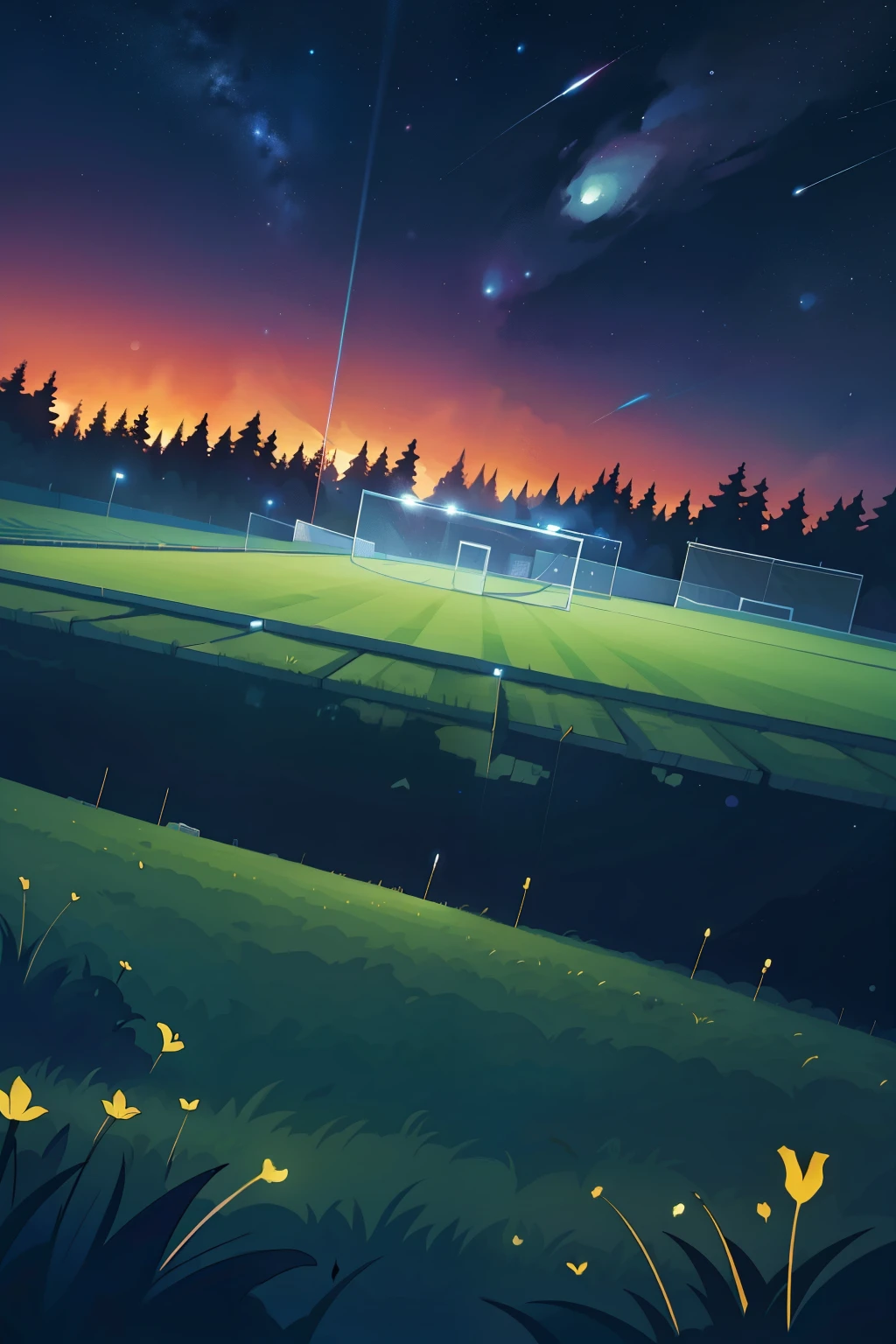 A pristine soccer field, suspended amidst the cosmic expanse – a breathtaking spectacle indeed. S2-imagine a crisp, high-definition depiction that brilliantly captures the texture of the weathered grass underfoot, the precise lines of the pitch, and the sharp contrast of the goals against the immaculate turf. The field's vibrant colors under studio lighting are further enhanced by the vivid hues of the deep space surrounding it. The art style is reminiscent of a modern, pixel-perfect rendering, embodying both the subtle realism and the beautiful grandeur of this otherworldly venue for the beautiful game.